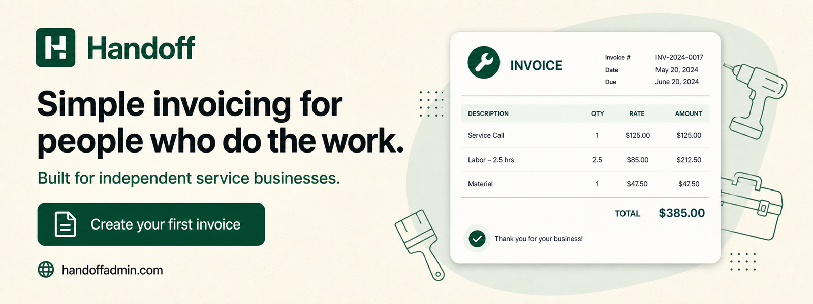 Example Handoff service invoice with clear labour, material, and total lines
